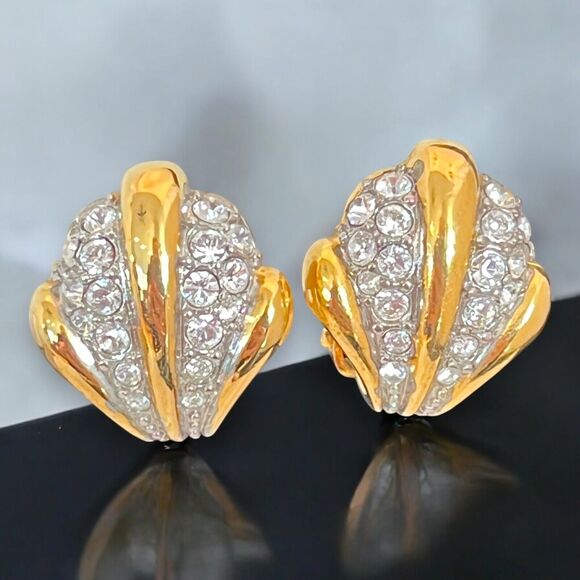 Never Worn Vintage Joan Rivers Earrings Gold Plated Pave Crystals Clip On  12L - Picture 4 of 6